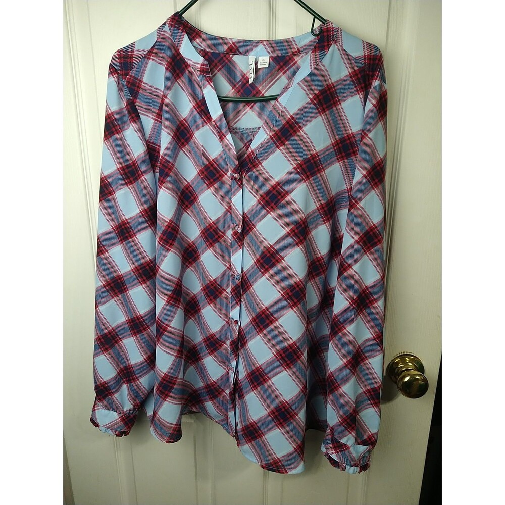 Elle Woman XL V Neck Plaid Shirt Bowtie Long Sleeve Semi Sheer Business Office